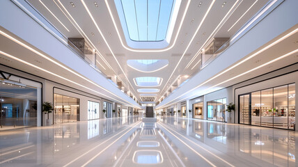 Modern shopping mall interior with sleek design and natural light in daylight