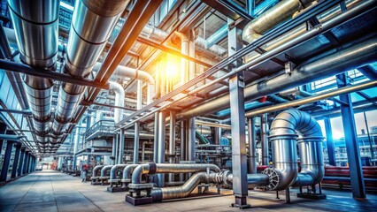 Obraz premium Industrial zone with steel pipelines, valves, cables, and walkways , steel, pipelines, valves, cables