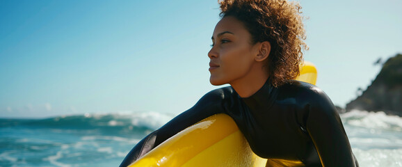 Woman surfer in a wetsuit with surfboard at beach looking out at ocean waves
