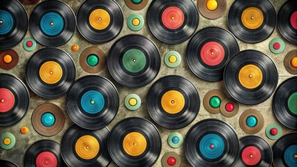 Retro-style seamless pattern featuring stacked vinyl records with colorful labels on a textured background, perfect for music-themed designs and nostalgic vibes.