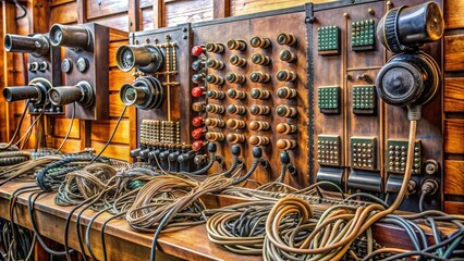 Retro telephone switchboard with rows of outdated equipment, tangled cords, and old-fashioned rotary dials, evoking a sense of nostalgia and vintage technology.