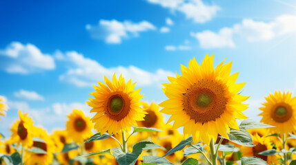 Obraz premium Sunflower field with cloudy blue sky