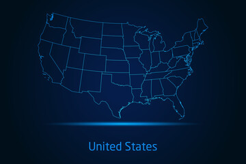 Abstract High Detailed Glow Blue Map on Dark Background of Map of United States symbol for your web site design map logo, app, Travel. Vector illustration eps 10.	
