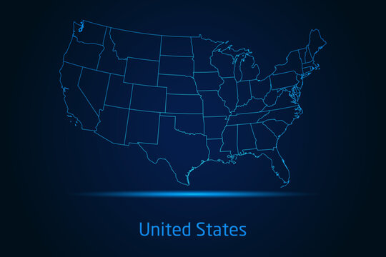 Abstract High Detailed Glow Blue Map on Dark Background of Map of United States symbol for your web site design map logo, app, Travel. Vector illustration eps 10.	
