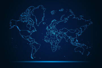 Abstract High Detailed Glow Blue Map on Dark Background of Map of World symbol for your web site design map logo, app, Travel. Vector illustration eps 10.	
