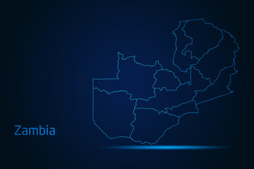 Abstract High Detailed Glow Blue Map on Dark Background of Map of Zambia symbol for your web site design map logo, app, Travel. Vector illustration eps 10.	
