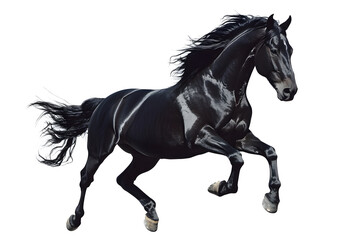 Beautiful black horse galloping isolated on white background