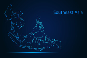 Abstract High Detailed Glow Blue Map on Dark Background of Map of Southeast Asia symbol for your web site design map logo, app, Travel. Vector illustration eps 10.   © Arif Hama