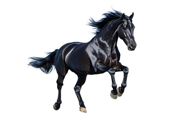 Beautiful black horse galloping isolated on white background