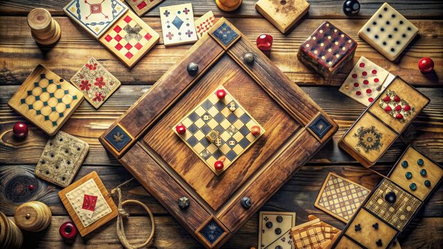 Retro wooden board games and vintage playing cards are scattered across a distressed wooden table, evoking a sense of nostalgia and friendly competition.