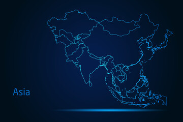 Abstract High Detailed Glow Blue Map on Dark Background of Map of Asia symbol for your web site design map logo, app, Travel. Vector illustration eps 10.   © Arif Hama