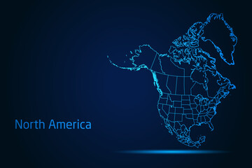 Abstract High Detailed Glow Blue Map on Dark Background of Map of North America symbol for your web site design map logo, app, Travel. Vector illustration eps 10.	
