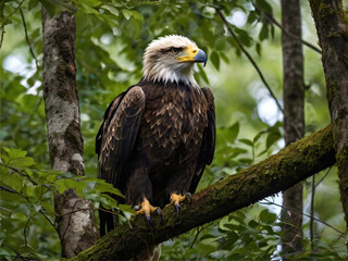 Obraz premium an eagle resting on a high branch in a dense forest