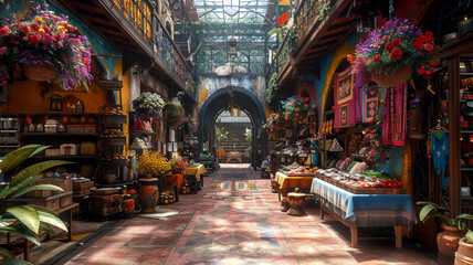 Naklejka premium Colorful market alley filled with flowers and local goods in a vibrant setting