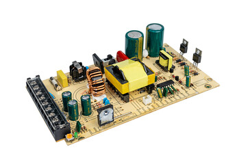 Power supply circuit board isolated on white background with clipping path