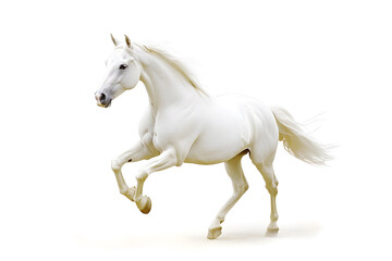 Beautiful white horse galloping isolated on white background