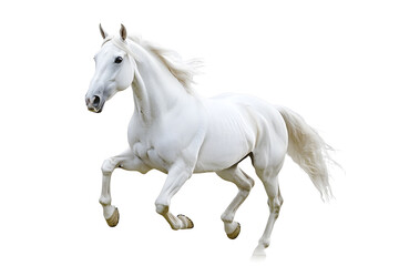 Beautiful white horse galloping isolated on white background