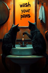Two black cats washing paws at a vintage bathroom sink