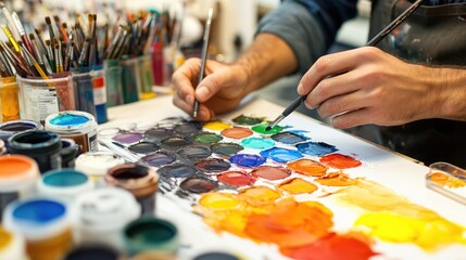 Fototapeta premium A painter mixes paints on a palette. This image is perfect for websites, articles, or social media posts about art, creativity, or color theory.