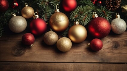 Christmas decorations on a wooden background. The warm tones and the bright festive ornaments create a cozy holiday feel