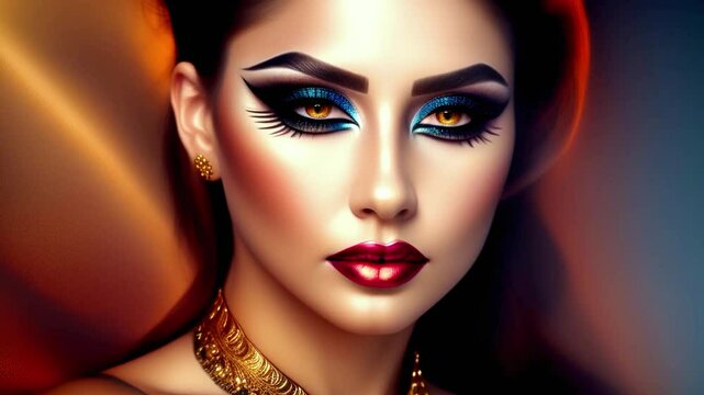 Beautiful woman with artistic makeup and intense gaze showcasing striking colors and intricate details in high-definition portrait video perfect for fashion beauty editorial concepts video