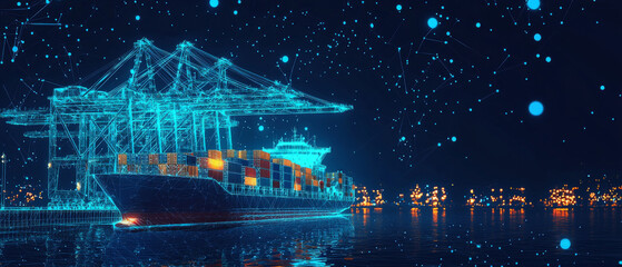 Digital Network Container Ship at Night