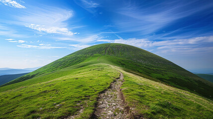a dome mountain with a smooth, grassy summit and a blue sky © Muhammad