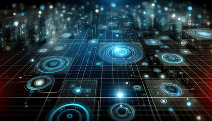 Futuristic technology landscape with grid texture, glowing blue and HUD elements.