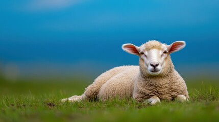 Obraz premium Cute Sheep Lamb Lying in Green Meadow