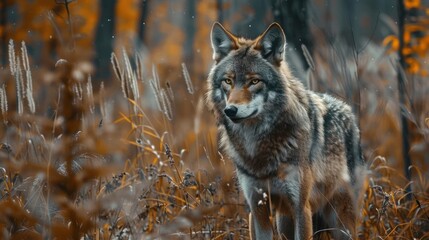 Fototapeta premium A wolf stands among tall grass in a forested area, looking towards the camera with a focused gaze.