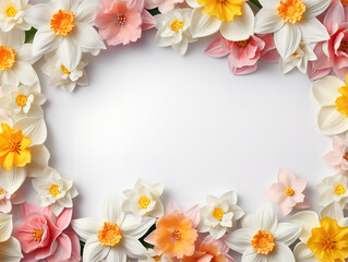 Obraz premium Greeting card template with yellow daffodils and green leaves isolated on white.