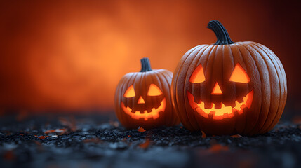 Halloween pumpkins in pairs with space for text on orange background.