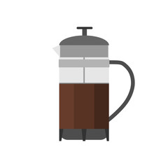 French press coffee maker flat design vector illustration isolated on white background. Coffee brewing method