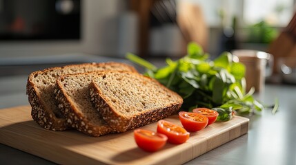 Healthy multigrain bread slices neatly arranged on a clean, modern kitchen countertop, accompanied by fresh avocado, cherry tomatoes, and leafy greens, with natural light highlighting the texture of