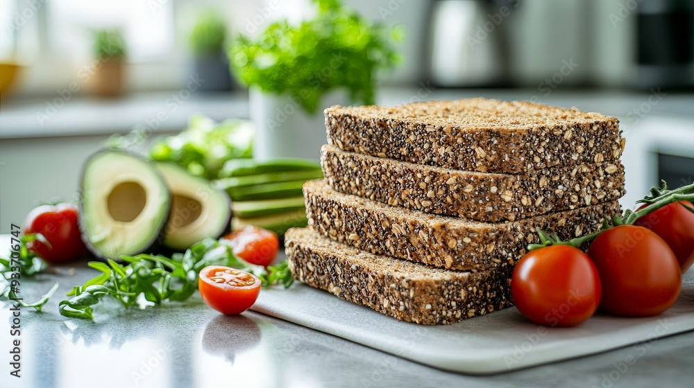 Canvas Prints Healthy multigrain bread slices neatly arranged on a clean, modern kitchen countertop, accompanied by fresh avocado, cherry tomatoes, and leafy greens, with natural light highlighting the texture of