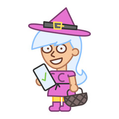 Witch holds smartphone and smiles