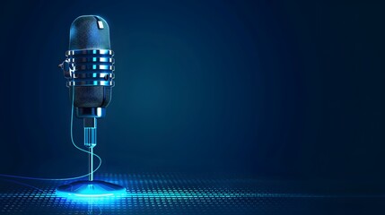 Microphone with waveform on blue background, broadcasting or podcasting banner. 