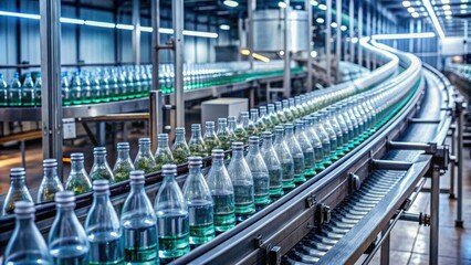 Rows of transparent glass bottles moving along a conveyor belt in a modern, well-lit factory, surrounded by stainless steel machinery and pipes.