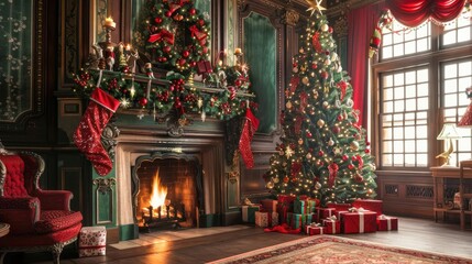 Fototapeta premium Traditional Christmas background, classic red and green decorations, holly and ivy, roaring fireplace, and a decorated tree, [Christmas background], [traditional holiday]