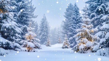 Naklejka premium Winter wonderland Christmas background, snow-covered pine trees, twinkling lights, falling snowflakes, serene and festive, [Christmas background], [winter wonderland]
