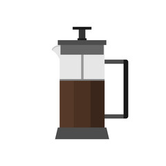 French press coffee maker flat design vector illustration isolated on white background. Coffee brewing method