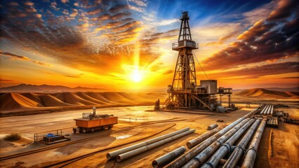 Rugged oil rig stands tall amidst vast desert landscape, drilling equipment and pipes scattered around, as sun sets behind, casting an orange glow on the scene.