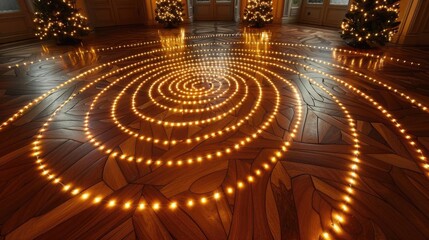 Obraz premium Christmas lights in a spiral pattern on a parquet floor, creating a mesmerizing festive scene, [Christmas lights], [holiday spiral]