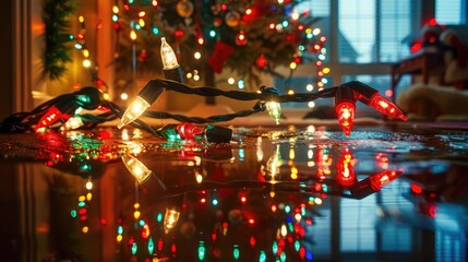 Obraz premium Christmas lights reflecting in a puddle on a floor, capturing the essence of a rainy holiday evening, [Christmas lights], [rainy festive]