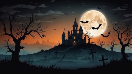 Haunted Castle on a Hillside with Full Moon and Bats