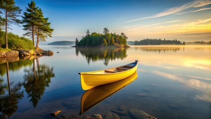 Yellow canoe on shore of serene Minnesota lake with island in background at dawn, dawn, northern Minnesota, lake, island