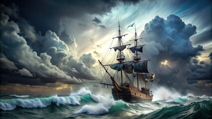 Obraz premium Rugged pirate ship sails through turbulent azure waters, billowing sails and fluttering Jolly Rogerflag amidst a backdrop of stormy gray clouds and foamy white ocean spray.