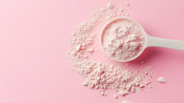 Pink powder in a scoop on pink background. Perfect for blog posts and websites related to protein powder, supplements, or healthy eating.