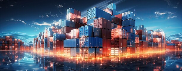 Cargo Containers at logistic hub with virtual scheme over it