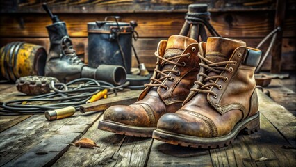 Rugged, worn steel-toed boots with scuff marks and dirt accumulation, resting on a rough wooden floor, surrounded by scattered tools and machinery parts.